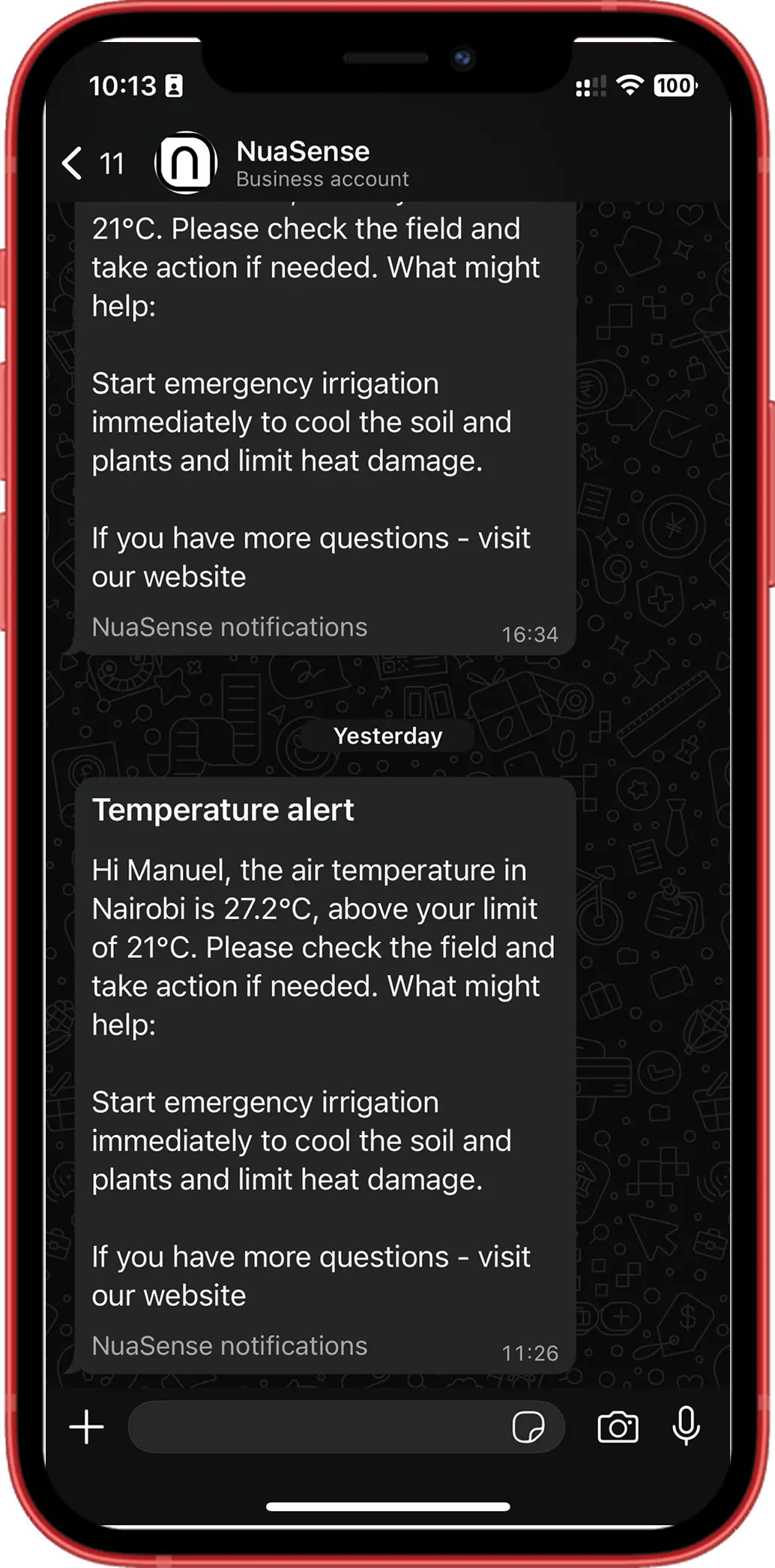 Sample NuaSense WhatsApp notification